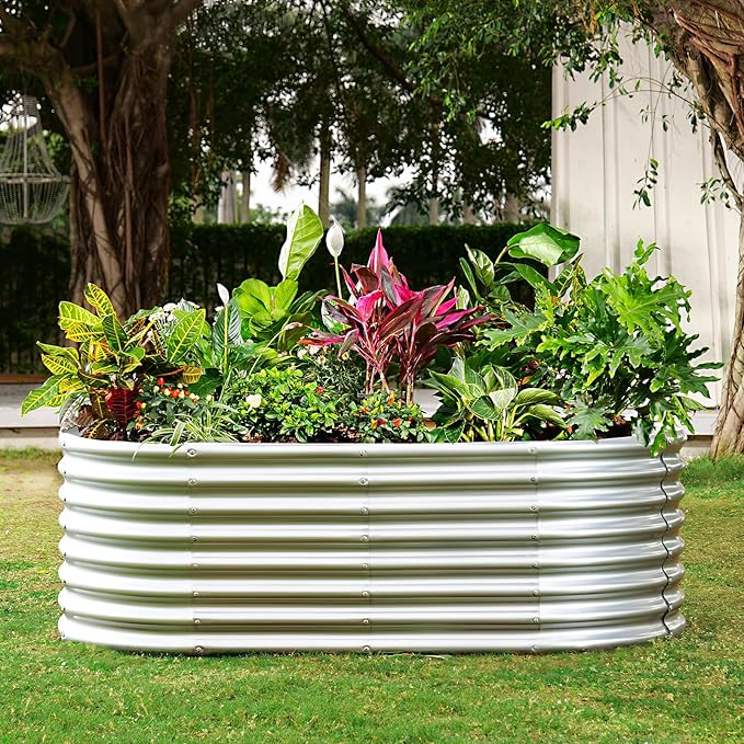 Land Guard Galvanized Raised Garden Bed, 8x4x2ft Planter Boxes Outdoor, Oval Larger Metal Planter Boxes for Vegetables, Fruits, Flowers (Silver)-Ruum Studio Home