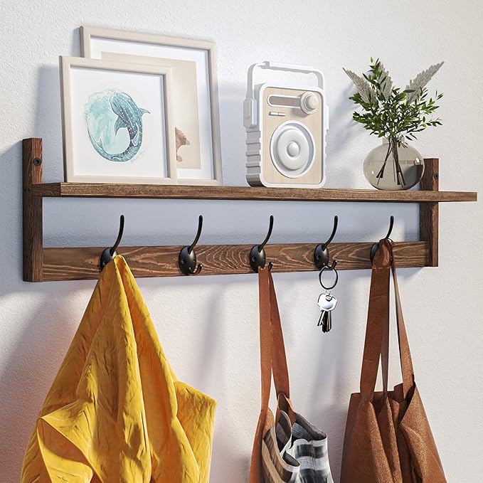 BAMEOS Wall Mounted Coat Rack with Adjustable Easy Install, Rust Proof, Brown Wooden Material, 28.9 Inch Length-Ruum Studio Home