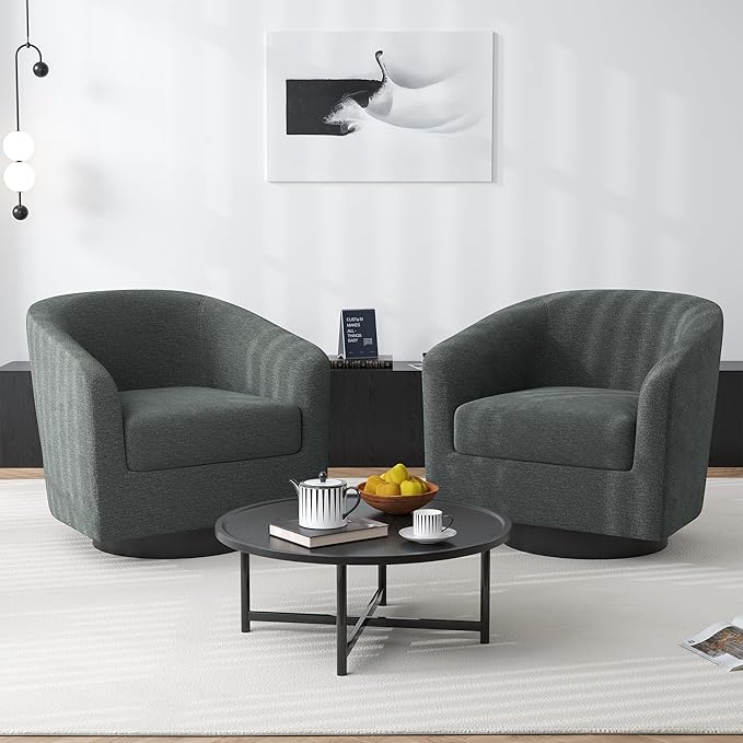 Swivel Barrel Accent Chair, Modern Round Chenille Fabric Arm Chair for Living Room, Bedroom, Comfy Club Reading Chairs for Adults（Chenille Fabric, Grey, Set of 2-Ruum Studio Home
