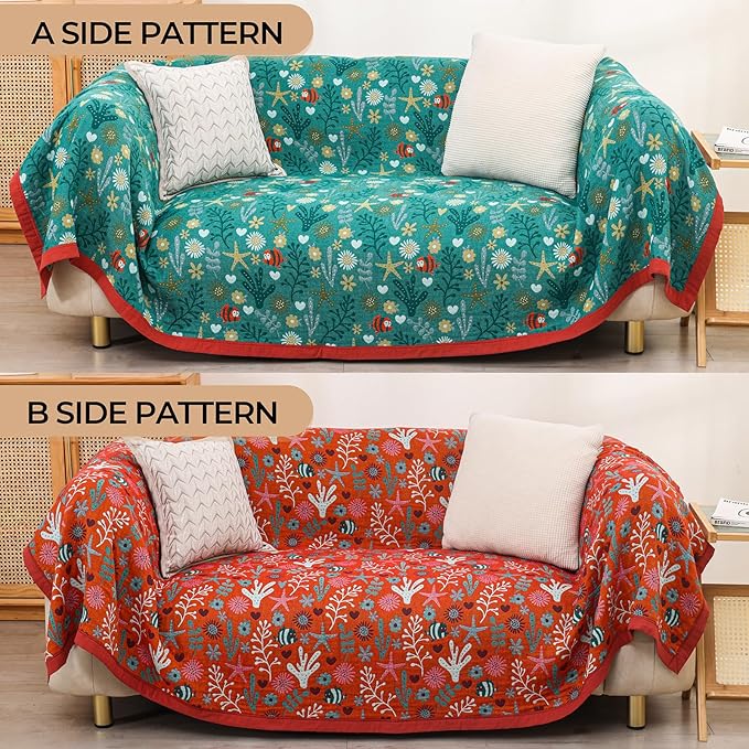 Boho Throw Blanket, 100% Organic Cotton Skin-Friendly Breathable Ultra Soft Bed Quilt Throw - All Season Blue & Red FishFarmhouse Decor Blanket for Sofa Couch Chair and Gift. 60" x 80"-Ruum Studio Home