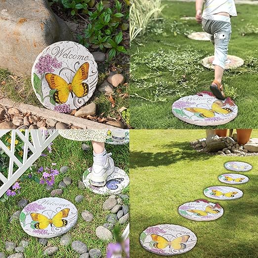 Garden Décor Stepping Stones Outdoor - Resin Butterfly Decorative Stone Bright Color Memories Pavers Outdoor for Garden Yard 9.5 * 9.5 * 0.5 Inch LC Lcdecohome-Ruum Studio Home
