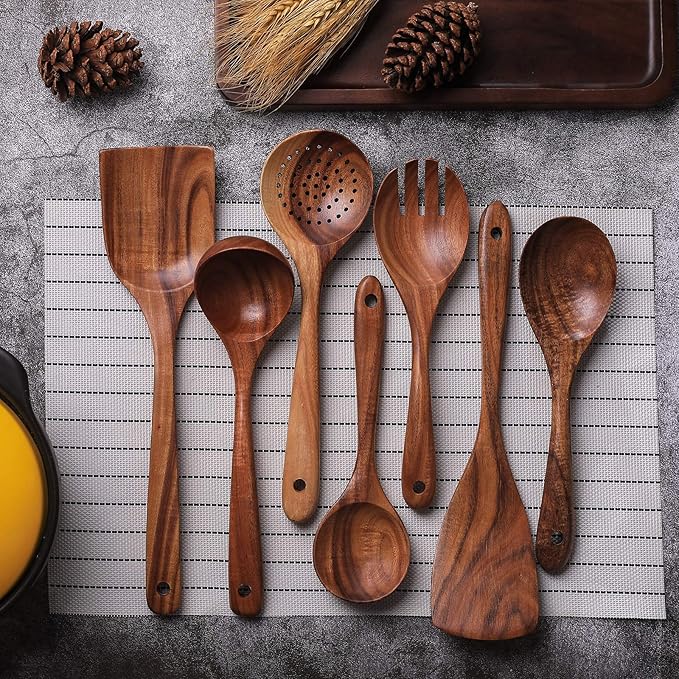 Wooden Non-Stick Kitchen Pan Toolset 7 Pieces Set,100% Natural Teak Kitchen Utensils Spatula, Wooden Cooking Utensils Spoons, Fried Spatula and Salad Fork-Ruum Studio Home