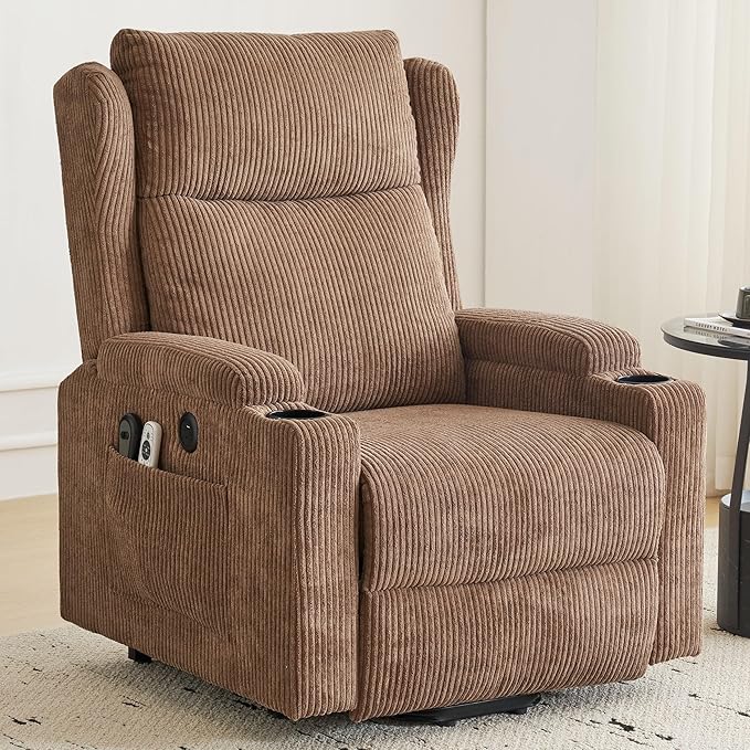 Lift Recliner Chair for Adults with Massage and Heating, Power Lift Recliner Chairs for Elderly, Corduroy Fabric Reclining Chair with USB &Type-C Port, Cup Holders, L6111 (Brown)-Ruum Studio Home