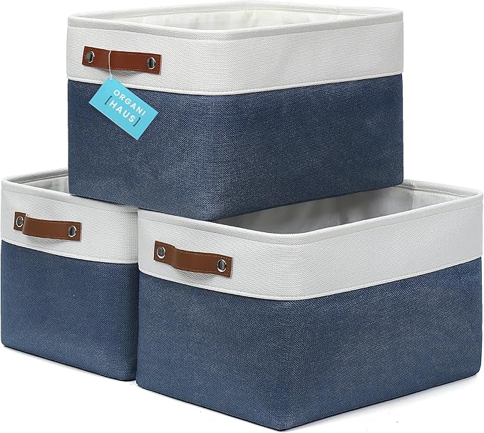 OrganiHaus Large Fabric Storage Bins for Shelves 3 Pack, 15x11in Closet Storage Bins for Shelves, Cloth Baskets & Closet Organizers, Fabric Basket, Navy Blue/White-Ruum Studio Home
