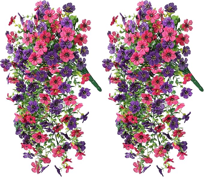 Artificial Faux Hanging Flowers Plants for Spring Outdoor Outside Decoration, 2 PCS Fake Silk Daisy with Eucalyptus UV Resistant Realistic Trailing Vines for Balcony Patio Porch (Darkpurple+Hotpink)-Ruum Studio Home