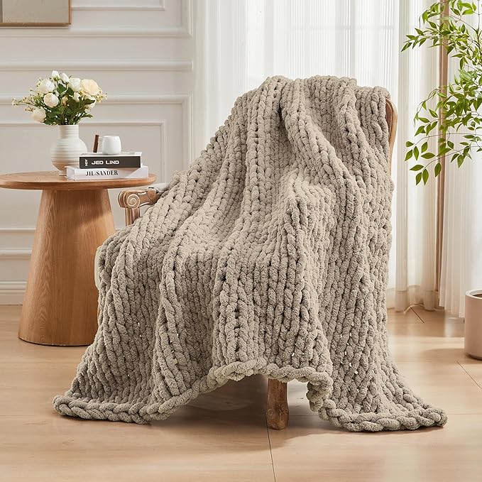 Carriediosa Chunky Knit Throw Blanket 50" X 60", 100% Hand Made Large Chenille Loop Yarn Soft Fluffy Throws for Couch Sofa Bed, Big Crochet Cozy Heavy Thick Cable Woven Blankets, Taupe-Ruum Studio Home
