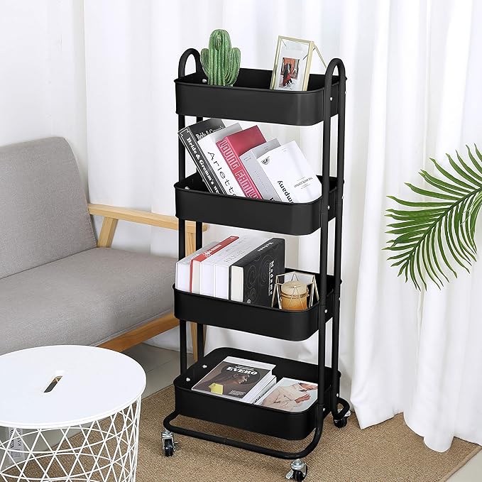 4-Tier Metal Mesh Utility Rolling Cart Storage Organizer Shelf Rack with Lockable Wheels for Living Room Kitchen Office, Black-Ruum Studio Home