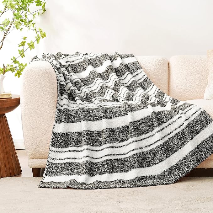 Snuggle Sac Stripe Black Throw Blanket for Couch, Reversible Super Soft Warm Blankets Cozy Knit Fuzzy Plush Lightweight Throws for Sofa, Bed, Stripe Black, 50x60 inches-Ruum Studio Home
