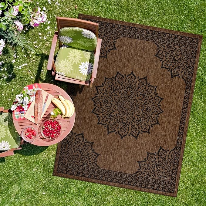 CAMILSON Outdoor Rug 8x10 Medallion Nut Brown Black Modern Area Rugs for Indoor and Outdoor Patios, Kitchen and Hallway Rug, Washable Porch Deck Outside Carpet (8 x 10)-Ruum Studio Home