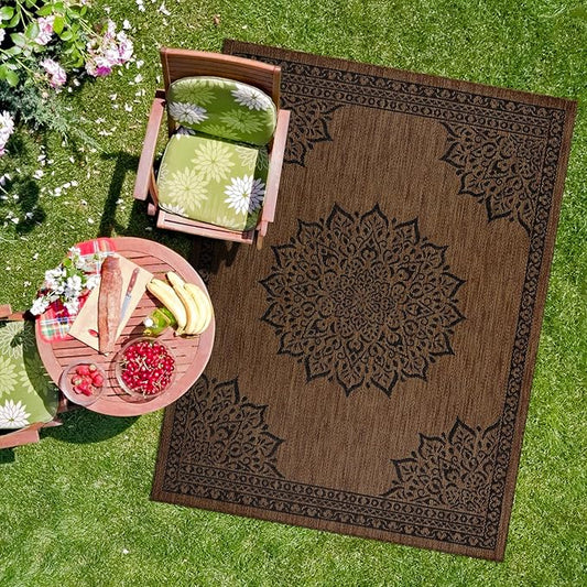 CAMILSON Outdoor Rug 8x10 Medallion Nut Brown Black Modern Area Rugs for Indoor and Outdoor Patios, Kitchen and Hallway Rug, Washable Porch Deck Outside Carpet (8 x 10)-Ruum Studio Home
