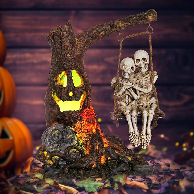 Halloween Skull Statue with Spooky LED Light for Holiday Decorations, Halloween Decor with Romantic Skeleton Couple on Swing Tombstone Tree, Grinning Skull Decor Props Haunted Collectible Gift-Ruum Studio Home