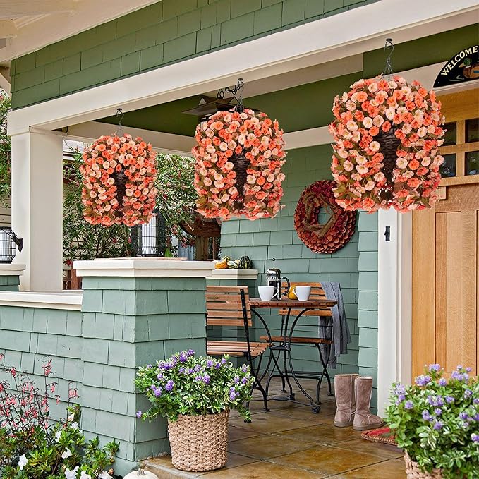Artificial Fake Fall Hanging Flowers Plants Basket for Outdoor Autumn Decoration, Faux Silk Morning Glory Long Vines Realistic UV Resistant for Outside Home Porch Garden (Fall Orange+Light Orange)-Ruum Studio Home