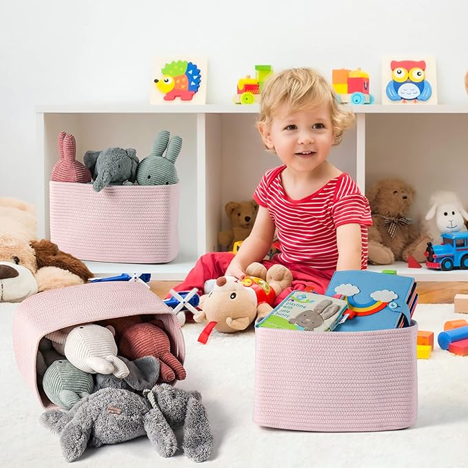 Cotton Rope storage Basket Bins Woven Basket for Organizing Shelves Rectangle Decorative Baskets For storage Clothes Toys Books Towels Square Wicker Nursery basket organizer 3 pack light pink-Ruum Studio Home