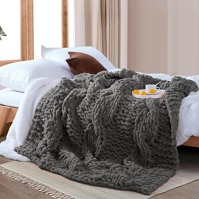Chunky Knit Blanket Throw - 100% Hand Knitted Chunky Throw Blanket for Couch, Thick and Warm Blanket for Winter, Dark Grey, 50x60 Inches-Ruum Studio Home