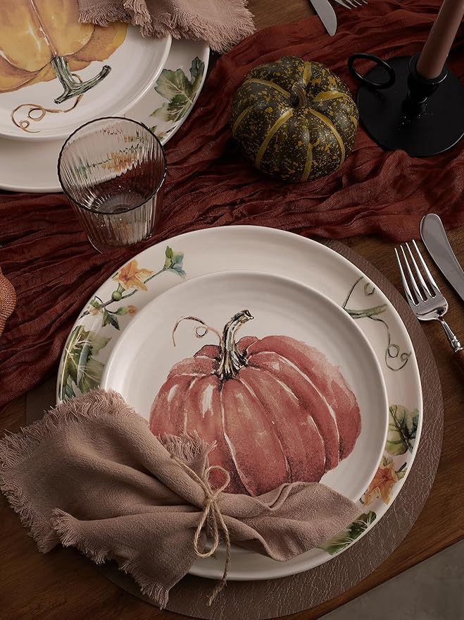 Bico Pumpkin Feast Dinner Plates Set of 4, 11 Inch Large Ceramic Plates for Pasta, Steak, Stylish Serving Dishes, Microwave and Dishwasher Safe, Gift for Housewarming and Thanksgiving-Ruum Studio Home