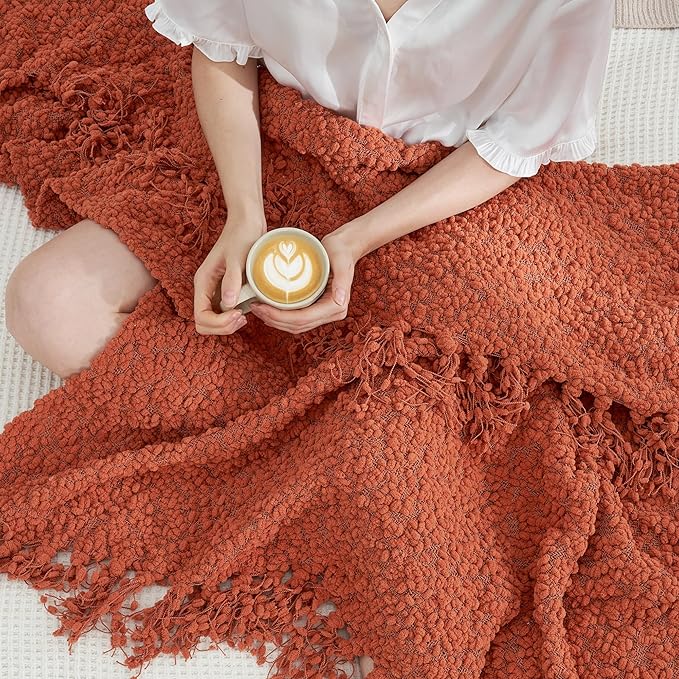 Amélie Home Knit Throw Blanket with Tassels for Couch, Luxury Boho Throw Blanket for Summer Orange, 50"x60"-Ruum Studio Home