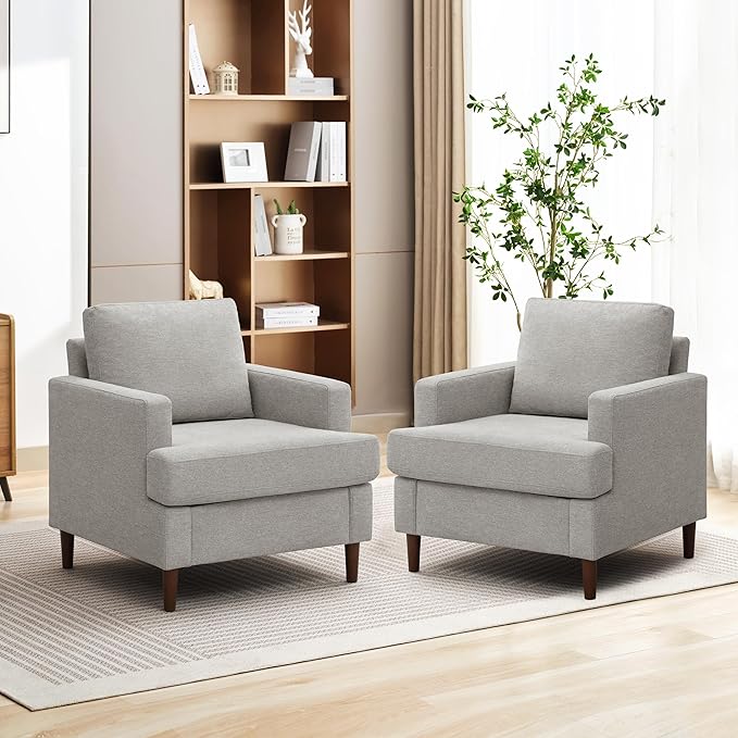 Mid-Century Accent Chair,Modern Linen Fabric Armchair for Living Room,Comfy Upholstered Reading Accent Chairs for Bedroom,Single Sofa Chair with Wood Legs (Light Grey, 2 Pack)-Ruum Studio Home