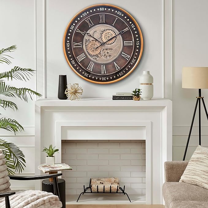 CLXEAST 24 Inch Wall Clock with Moving Gears,Oversized Large Industrial Steampunk Clock, Antique Gold Metal Roman Numeral Wall Clocks for Farmhouse Living Room Decor-Ruum Studio Home