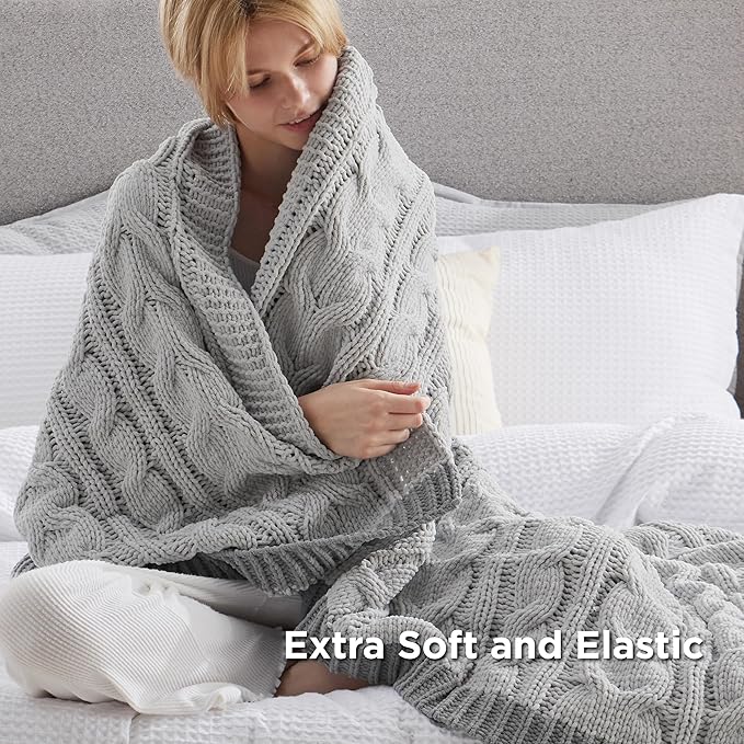 Bedsure Cable Knit Throw Blanket for Couch Bed - Breathable Chenille Chunky Knit Throw Blanket for Decorative Gift, GentleSoft Cozy and Warm for Winter and All Seasons, Grey, 50x60 Inches-Ruum Studio Home