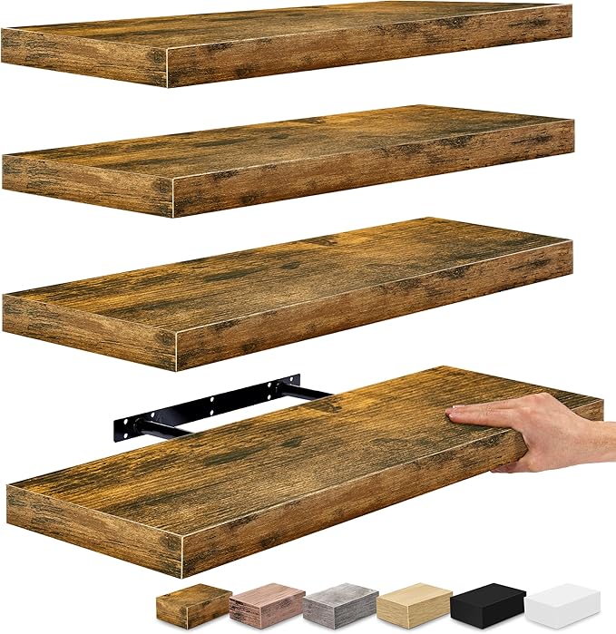 Sorbus Floating Shelves for Wall - 24" Bathroom Shelves, Wall Decor for Bedroom, Kitchen, Living Room, Home Decor & Book storage - Mounted Floating Shelf with Invisible Brackets (Rustic Brown, 4 Pack)-Ruum Studio Home