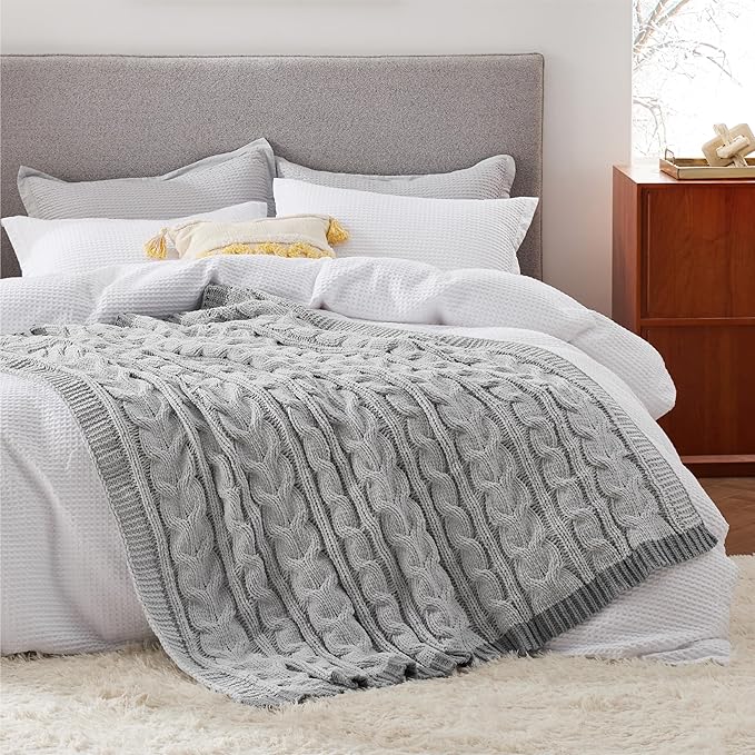 Bedsure Cable Knit Twin Blanket for Couch Bed - Breathable Chenille Chunky Knit Twin Blanket for Decorative Gift, GentleSoft Cozy and Warm for Winter and All Seasons, Grey, 60x80 Inches-Ruum Studio Home