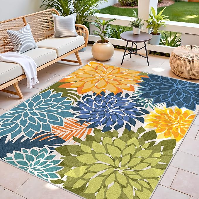 Indoor Outdoor Area Rug Washable Multicolored Patio Rug Tropical Botanical Modern Floral Indoor Outdoor Carpet Non Slip Yellow Green Rug Non Shedding for Patio, Deck, Backyard, Porch (6x9)-Ruum Studio Home