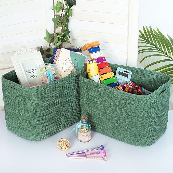 MINTWOOD Design 3-Pack Decorative Woven Storage Baskets for Shelves, Cube Bin Box for Organizing Books, Shoes, Dog Toys, Pantry Closet and Living Room Organizer, Forest Green-Ruum Studio Home