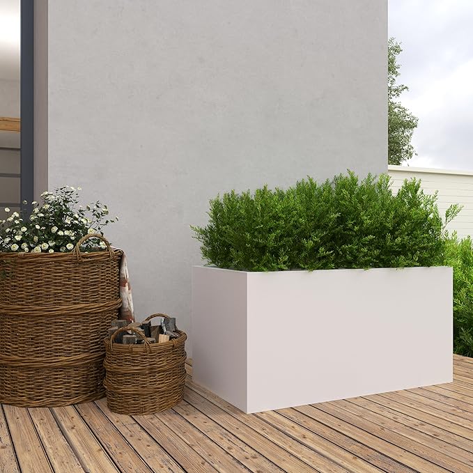 White Steel Planter Outdoor Indoor Planter Box Galvanized Steel Metal Large Planters Rectangular Flower Pot 31.5 In L x 16 In W x 16 In H Modern Commercial Residential for Trees Patio Deck Yard Garden-Ruum Studio Home