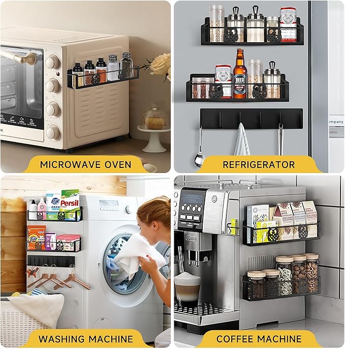 3 Pack Moveable No Drilling Heavy Magnet Spice Rack for Refrigerator Organizers and Storage,Space Saving Kitchen Organization with Magnetic Hooks,Owl Kitchen & Home Decor(Black)-Ruum Studio Home