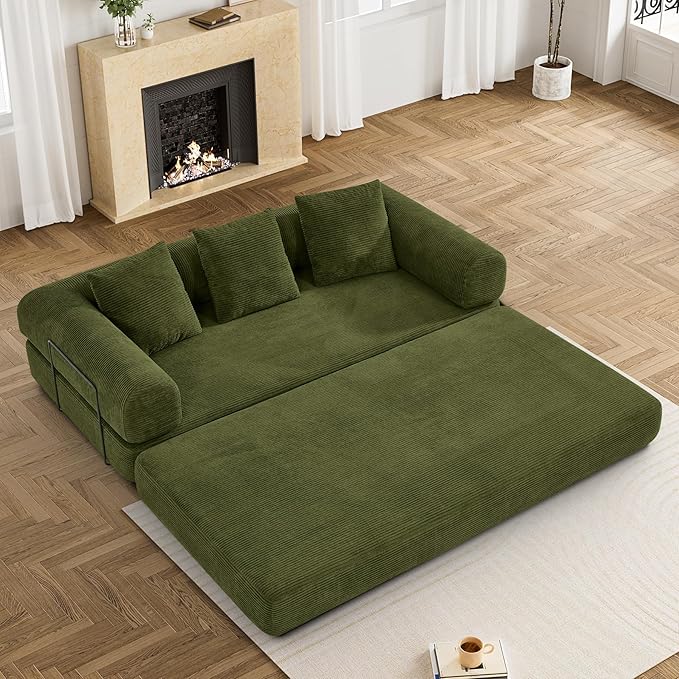 80.3" Convertible Sleeper Sofa Bed with Cylindrical Pillow, Corduroy Folding Mattress Couch with Fixed-Shape Frame, Modular Floor Sofa Lounge Couch for Living Room Bedroom Lounge, Green-Ruum Studio Home