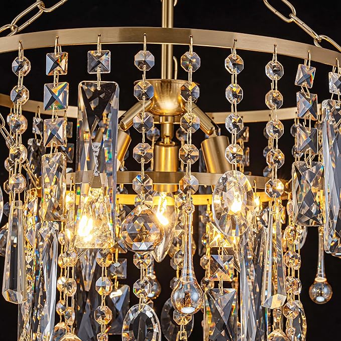 3-Lights K9 Crystal Chandeliers, Luxury Vintage Pendant Light Fixture for Dining Room, Living Room, D15*H20.4~66.8 inch (Adjustable), Clear Crystal & Gold Finish-Ruum Studio Home