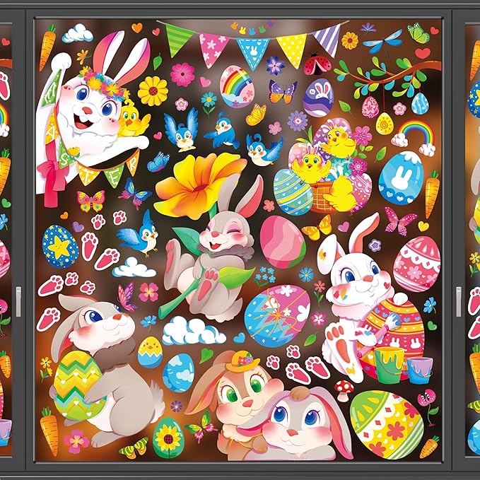 Large Easter Window Clings - Bunny Window Stickers Decals for Glass Windows, Cute Easter Egg Double Sided Reusable Window Holiday Decorations, Bird Office Spring Patry Decor, 9Sheet/121PCS-Ruum Studio Home