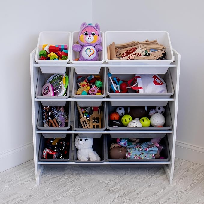 12-Bin Toy Organizer – White/Grey Gradient Ombre Frame with Chalkboard, Eraser & Chalk, Multi-Tier Storage for Kids' Playrooms and Nurseries-Ruum Studio Home