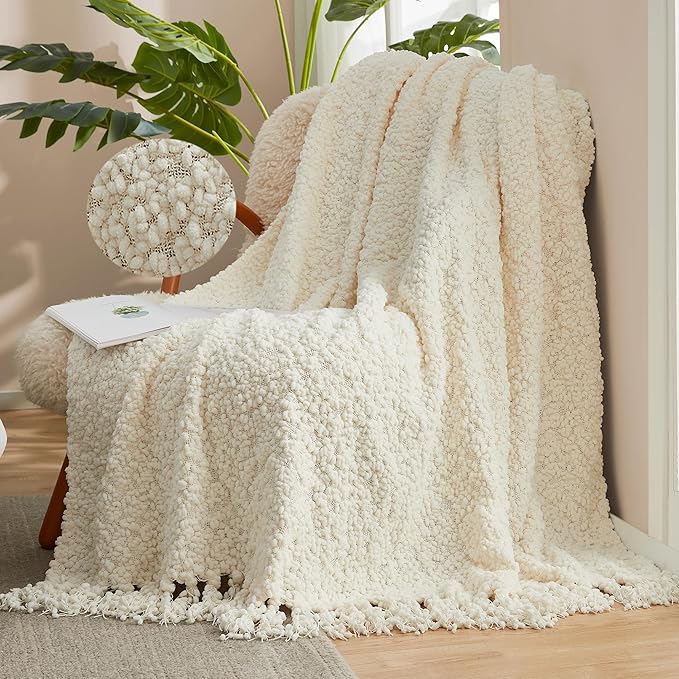 Amélie Home Knit Throw Blanket with Tassels for Couch, Luxury Boho Throw Blanket for Summer Ivory, 50"x60"-Ruum Studio Home