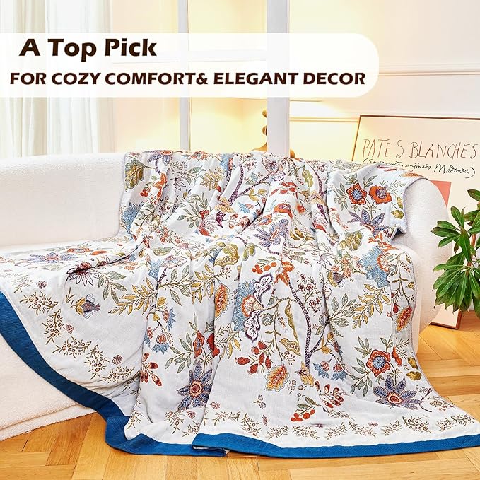 Boho Throw Blanket, 100% Organic Cotton Breathable Ultra Soft Bed Quilt Throw - All Season Floral Bird Butterfly Farmhouse Decor Blanket for Sofa Couch Chair and Gift. 60" x 80"-Ruum Studio Home
