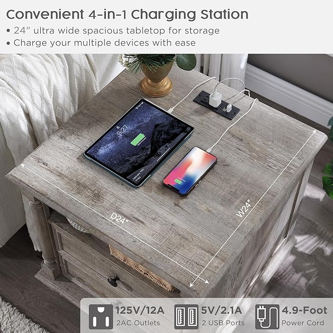 T4TREAM 24'' Farmhouse End Table w/4 Solid Wood Feet, Large 2 Drawers Wide Sofa Side Table with Charging Station, Tall Rustic Wood Square Nightstand for Living Room, Bedroom, Office, Light Rustic Oak-Ruum Studio Home