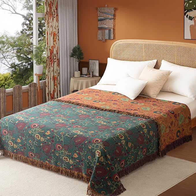 Boho Throw Blanket Twin Size, Soft Cozy Cotton Muslin Quilt Blanket for Bed Decor, Floral Patterned Couch Sofa Chair Cover, Vintage Farmhouse Cottage Tapestry Woven Blanket, Green&Orange-Ruum Studio Home