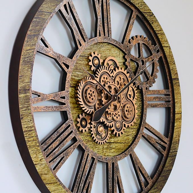 The Gears Clock 36'' Inch Real Moving Gear Wall Clock Vintage Industrial Oversized Rustic Farmhouse (Gold Antique)-Ruum Studio Home