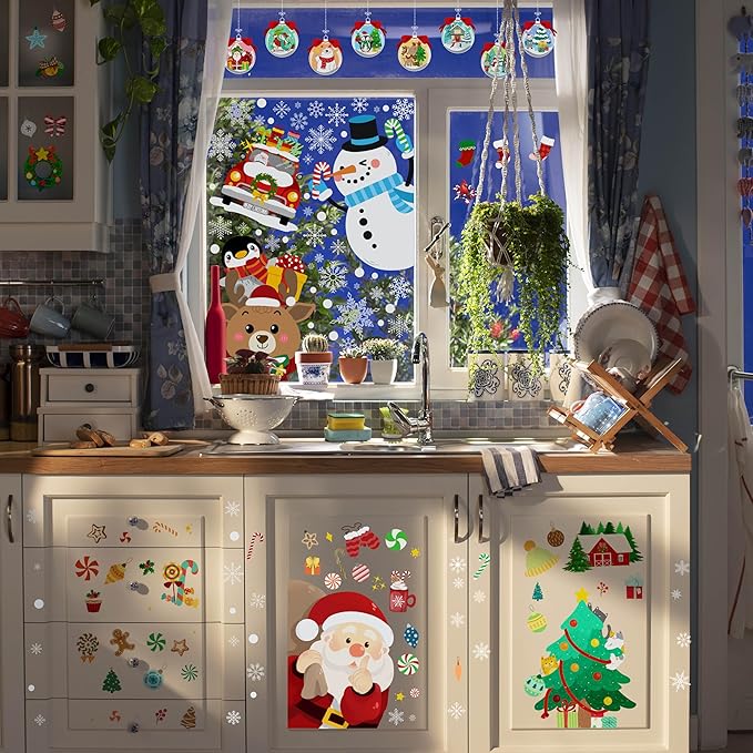 Christmas Window Clings - Christmas Large Window Stickers for Glass Window, Reusable Static Vinyl Double-Sided Winter Decals, Cute Snowflake Snowman Holiday Xmas Decorations, 197 PCS/9 Sheet-Ruum Studio Home