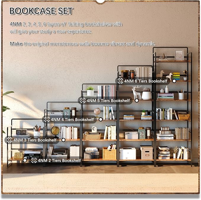 4NM 2 Tiers No-Assembly Folding Bookshelf with Wheels, Portable Rolling Storage Bookcase & Compact Side Table for Living Room, Bedroom, Kitchen, Bathroom (Rustic Brown and Black)-Ruum Studio Home