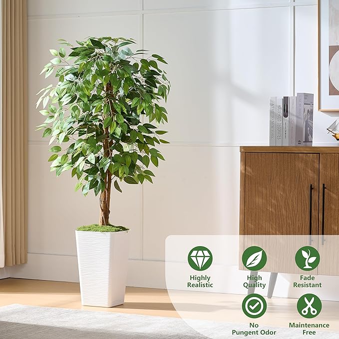 Artificial Ficus Tree 5FT Faux Floor Tree with Planter UV Resistant Potted Fake Silk Plant, Real Wood Trunk-Indoor Outdoor Lifelike Fake Ficus Tree for Home, Living Room Bedroom Topiary Tree-Ruum Studio Home