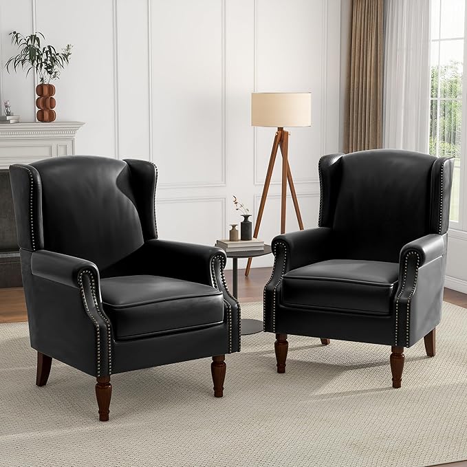 UIXE Faux Leather High Back Accent Chairs Set of 2, Upholstered Armchair for Living Room, Retro Wingback Arm Chair Nailhead Trim Single Sofa Bedroom Reading Seat with Solid Wood Legs - Black-Ruum Studio Home