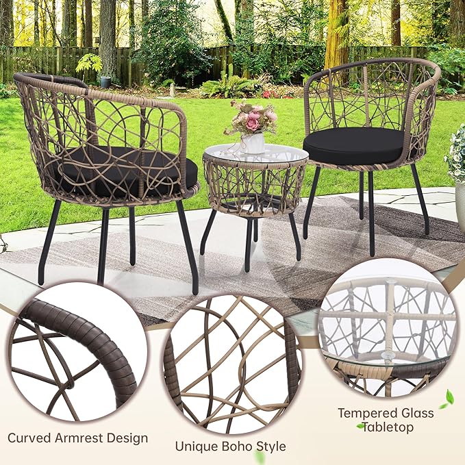 Kromax 3 Piece Bistro Set, Modern Outdoor Wicker Patio Furniture with Tempered Glass Table Top and 2 Chairs, Washable Cushions, Natural Rattan and Black Cushion-Ruum Studio Home