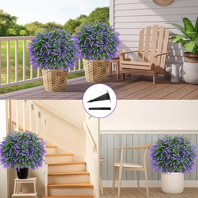 Artificial Boxwood Topiary Ball with Lavender, Set of 2 Artificial Shrub Bushes with Ground Spike, Fake Evergreen Tree for Porch, Artificial Plants for Outdoor Planters Indoor UV Resistant-Ruum Studio Home