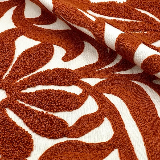 Alysheer Farmhouse Floral Leaves Embroidered Decorative Throw Pillow Cover 18x18 inches, Boho Tufted Flowers Embroidery Pattern Chic Cotton Cushion Case for Couch Bed Sofa Living Room(Burnt Orange)-Ruum Studio Home
