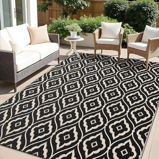 OLANLY Outdoor Rug 5x8 ft Waterproof, Outdoor Plastic Straw Rug with Geometric Pattern Clearance, Reversible RV Mat for Patio, Camping, Balcony, Deck, Backyard, Black & Beige-Ruum Studio Home