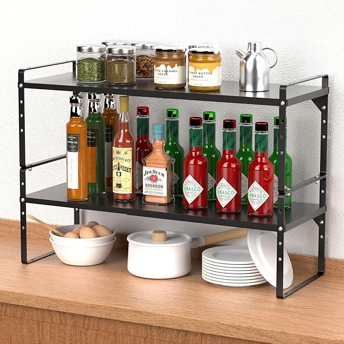 iPEGTOP Expandable Cabinet Storage Shelf Organizer Rack, Heavy Duty Steel Metal Spice Rack Adjustable Height Home Office Garage Pantry Shelves for Counter Kitchen Organization, Black, 2 Pack-Ruum Studio Home