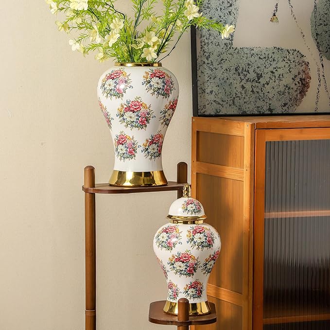 Ginger Jars for Home Decor, White Gold Ceramic Vase with Colorful Floral Pattern, Handmade Decorative Flower Vase with Lid for Home, Kitchen, Office, Table, Bookshelf, Mantle Fireplace,(18in)-Ruum Studio Home