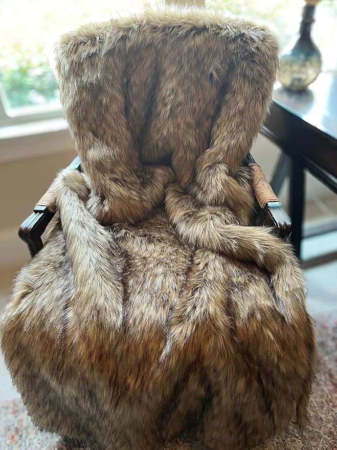 Brown Faux Fur Throw Blanket and Bedspread Caramel and Coffee Colors, Realistic Faux Brown Wolf - Light & Dark Brown Faux Fur - Luxury Throw Blanket, Made in USA, 16406-Ruum Studio Home