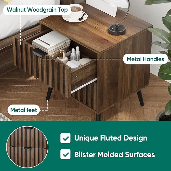 Smuxee Walnut Wooden Night Stand, Mid Century Nightstand with 2 Fluted Drawers, Bedside Table with Metal Feet, Modern End Side Table for Bedroom-Ruum Studio Home